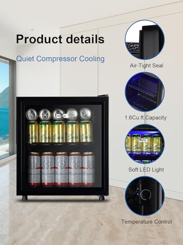 Beverage Refrigerator Cooler 60 Can Cooler Fridge Glass Door for Beer Drinks Wines Juice, 1.7 Cu. Ft Adjustable Shelves Bl...