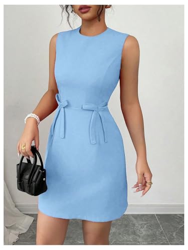 SOLY HUX Women's Summer Bow Mini Dress Crew Neck Sleeveless Elegant A Line Party Dresses