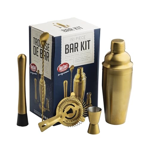 TableCraft 11779 5-Piece Bar Kit Gold – Stainless Steel Cocktail Shaker Set with 24 oz Shaker, Jigger, Strainer, Muddler &...