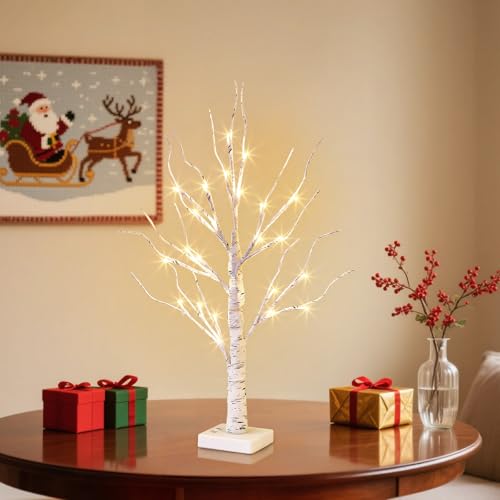 EAMBRITE Lighted Birch Tree Christmas Decorations for Home, White Birch Tree with Lights, 24 LED Lighted Mini Money Tree T...