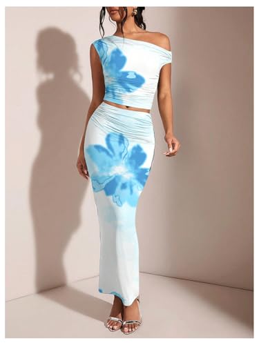 WDIRARA Women's 2 Piece Outfits Floral Print One Shoulder Crop Top Bodycon Ruched Maxi Skirt Set