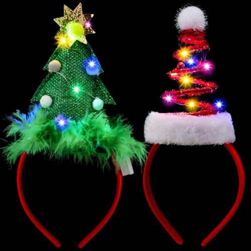 JOYIN 2 PCS Lighted Christmas Headbands with LED lights in Springy Santa Hat Tree Designs for Christmas and Holiday Partie...