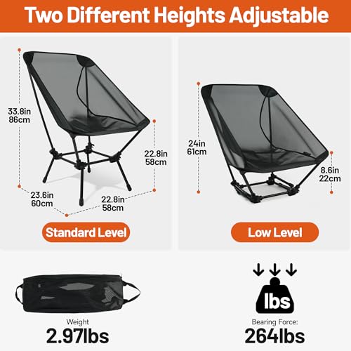 喜马拉雅 Himalaya Ultralight Beach Chair, 2 Heights Lightweight Camping Chair, Folding Mesh Backpacking Chairs, Portable Compa...