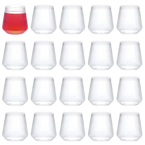 Kifmurase 20 Pack Plastic Ribbed Wine Glasses, 14OZ Origami Disposable Wine Glasses, Unbreakable Clear Plastic Cocktail Cu...