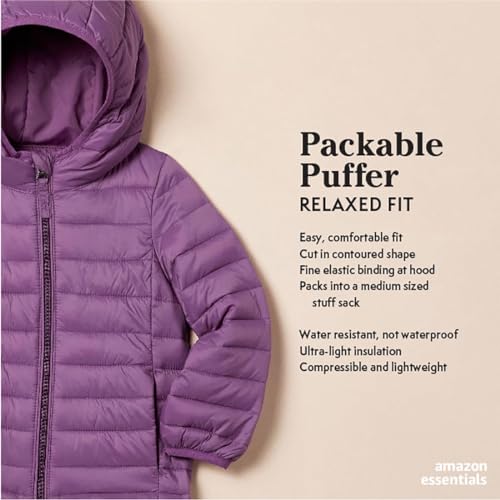 Amazon Essentials Girls and Toddlers' Lightweight Water-Resistant Packable Hooded Puffer Jacket