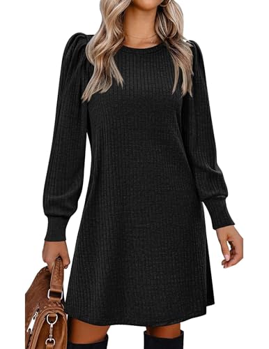Zeagoo Women's Knit Dress with Puff Sleeves for Fall & Winter - Round Neck Casual Tunic Dress