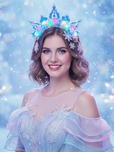 Lorealri Light Up Star Crown Headband, Blue and Silver Glitter Stars, LED Rave Party Costume Headwear Accessory for Women