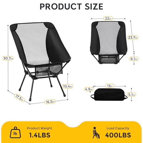 Aluminum Camping Chair with Storage Bag, 400lb Capacity, Roomier & Compact Folding Chairs for Adults, Lightweight & Portab...