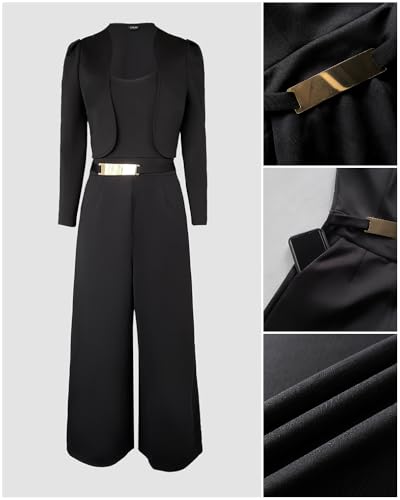 CHICME Women's 2 Pieces Outfits Thick Strap Waist Metal Decor Jumpsuit with Crop Coat Matching Set Casual Fall Outfits