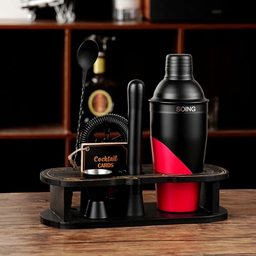 Cocktail Shaker Set with Unique Car-Shaped Wooden Stand,Bartender Kit with 24oz Shaker,Jigger,Muddler,Mixing Spoon,Straine...