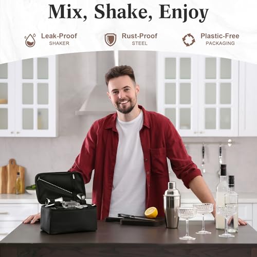 Widecook 9 Pcs Travel Bartender Kit Cocktail Shaker Set with Bag 25oz Martini Shaker Kit, Ice Crusher, Wine Opener, Strain...