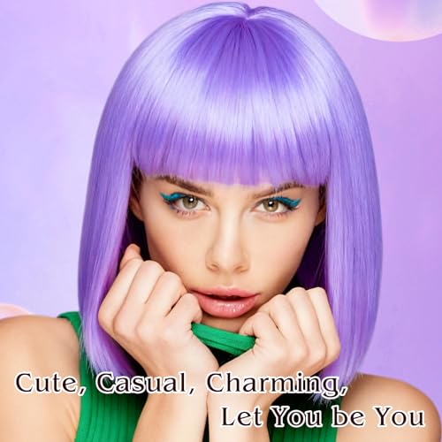 PLULON Short Light Purple Straight Bob Wig with Bangs, Shoulder Length Heat Resistant Synthetic Hair Bob Wigs with Heart S...