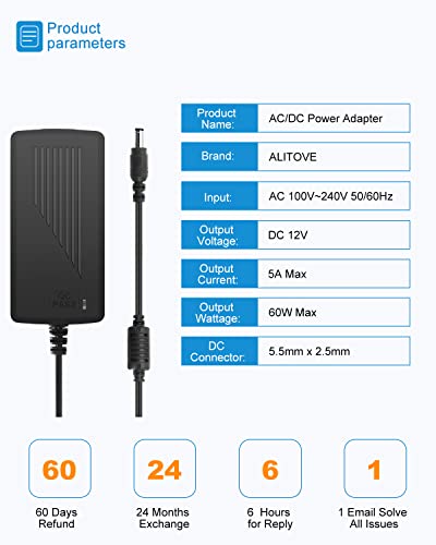 ALITOVE DC 12V 5A Power Supply Adapter Converter Transformer 60W AC 100-240V Input with 5.5x2.5mm DC Output Jack for 5050 ...
