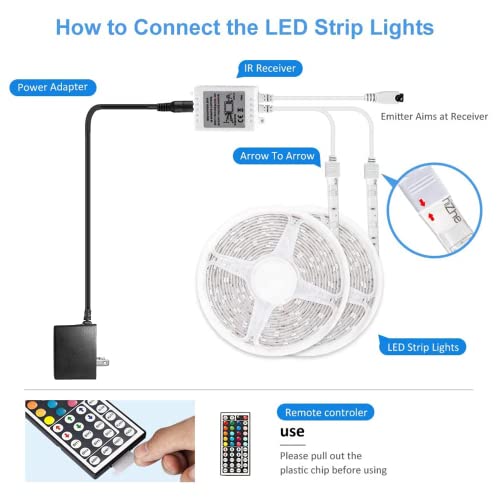 DAYBETTER Waterproof Led Lights for Bedroom, 32.8ft (2 Rolls of 16.4ft) Led Strip Lights, 300 LEDs Color Changing RGB 44 K...