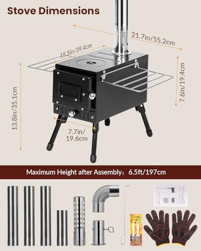 Wood Stove,YRenZ Hot Tent Stove with 7-Section Stainless Steel Chimney, HeatControl Stovepipe and Elbow Pipe, Wood Burning...