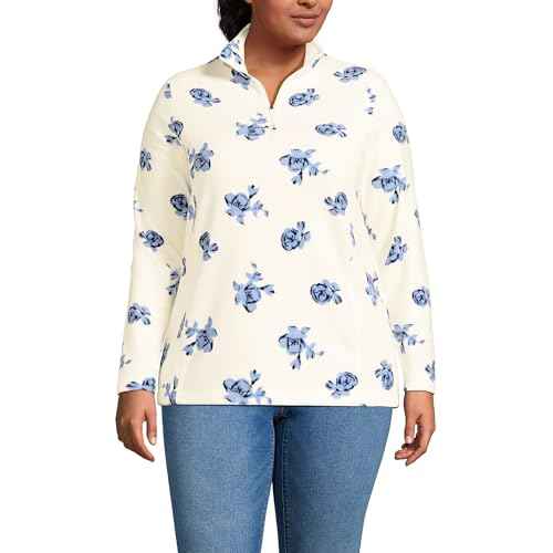 Lands' End Womens Fleece Quarter Zip Pullover Print Ivory/Clear Blue Tossed Floral Plus 3X