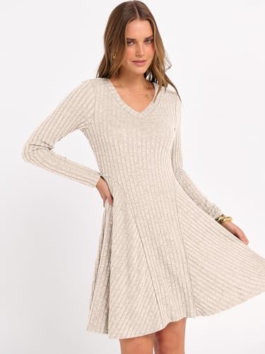 ANRABESS Women Long Sleeve Ribbed Knit Short Dresses 2026 Spring V Neck Casual Swing A Line Sweater Dress