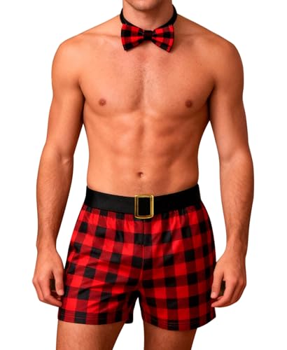 RSLOVE Santa Boxers for Men - 2PCS Christmas Shorts Plaid Outfits Holiday Briefs with Bow Tie