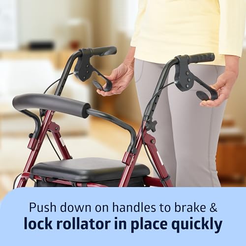 Medline Aluminum Rollator Walker with Seat, Burgundy, 250 lb. Weight Capacity, Lightweight, 6” Wheels, Foldable, Adjustabl...