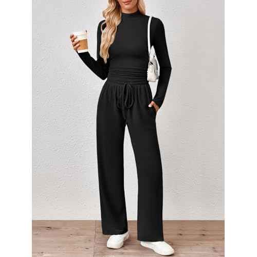 Trendy Queen Womens 2 Piece Matching Lounge Set Mock Turtleneck Top Wide Leg Pants Casual Sweatsuit with Pockets