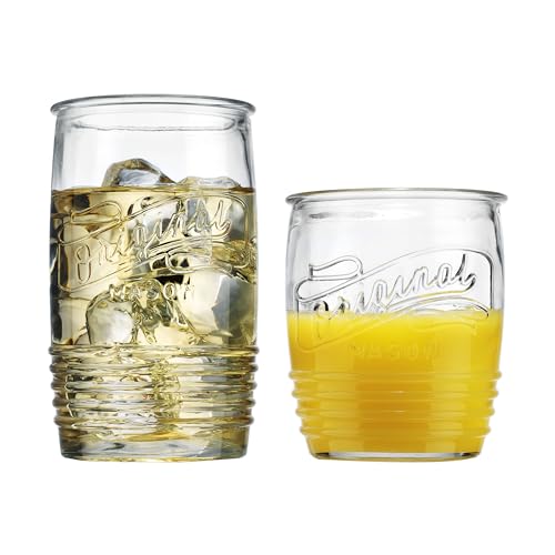 Glaver's Original Mason Set of 8 Drinking Glasses 4-20 Oz Highball Glasses, and 4-13 Oz Whiskey Glass Cups For Everyday Ho...
