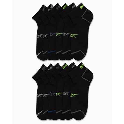 Reebok Mens Quarter Socks - 12 Pack Performance Stretch Moisture Wicking Athletic Running Ankle Socks for Men