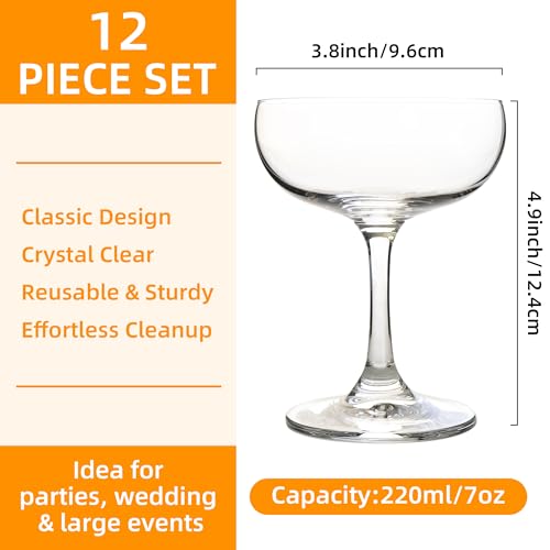 QOWOEO Set of 12 - Champagne Coupe Glasses, 7 Oz Clear Cut Rim Martini Glass with Short Stable Base, Ideal for Parties, Bi...