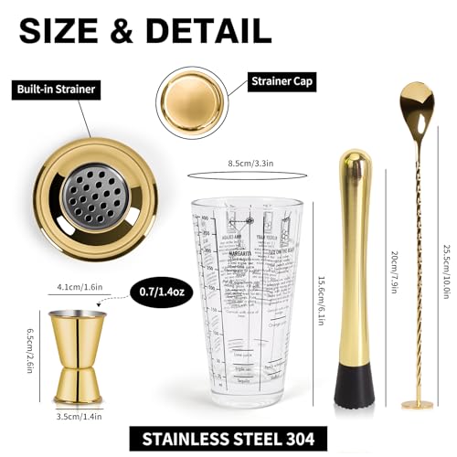 SAVORLIVING 14oz Glass Cocktail Shaker Set, 4PCS Bartender Kit, Martini Mixer Shaker with Built-in Strainer, Mixing Spoon,...
