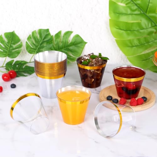 Upigi 100 Pcs Gold Plastic Cups,9Oz Gold Rimmed Plastic Cups,Heavy Duty Gold Rim Clear Disposable Plasitc Cocktail Tumbler...