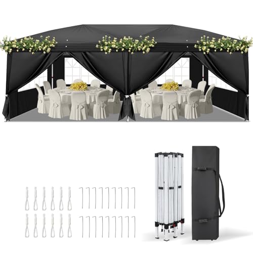 VINGLI 10x20 ft Pop Up Canopy Tent with 6 Sidewalls with Carry Bag, Outdoor Canopy Patio Event Tent Commercial Canopy(Black)