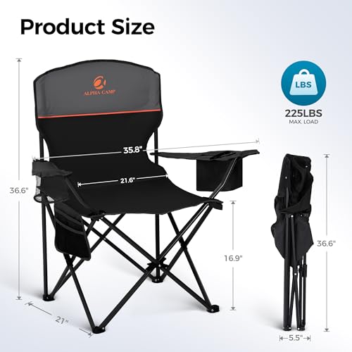 ALPHA CAMP Camping Chair 2 Pack Portable Chair with 3-Can Cooler Folding Chair with Side Pocket and Cup Holder, Collapsibl...