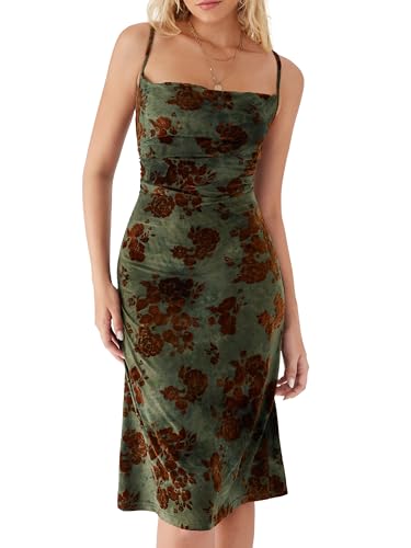 CIDER Womens Velvet Dress Floral Sleeveless Spaghetti Strap Ruched Midi Club Party Wedding Guest Dresses