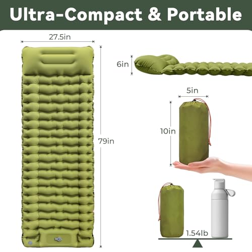 RusChic Sleeping Pad, Ultralight Inflatable Sleeping Pad for Camping with Pillow Built-in Foot Pump, Extra Thick Compact C...