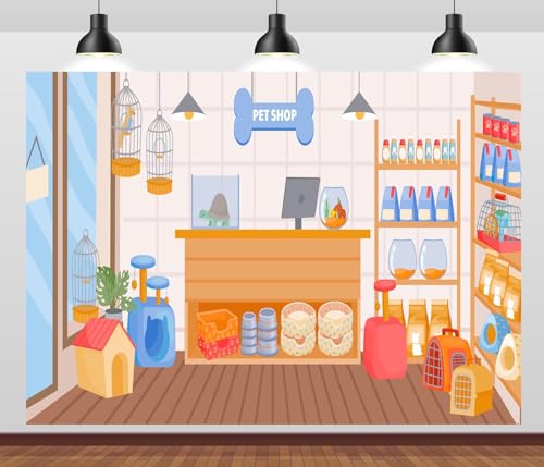 BELECO 5x3ft Fabric Cartoon Pet Shop Backdrop Pet Store with Doghouse Birds Cage Fish Tank Animals Food Photography Backgr...