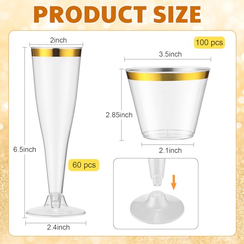 Newtay 160 Count Plastic Champagne Flutes and Cups Set, 60 Pcs 4.5 oz Gold Rim Disposable Champagne Flutes 100 Pcs 9 oz Go...