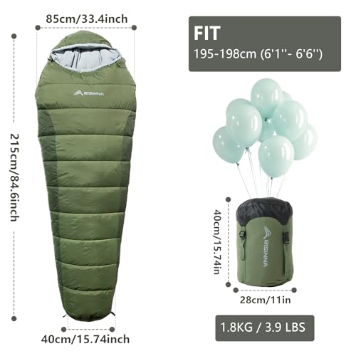 BISINNA Mummy Sleeping Bag for Adults 14-41℉ Cold Weather 3-4 Season Camping Sleeping Bags with Compression Sack for Backp...