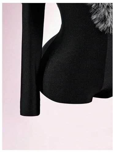 WDIRARA Women's Faux Fur Deep V Neck Long Sleeve Romper Fuzzy Bodycon Shorts Jumpsuit Rave Party