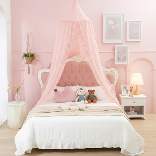 Mengesi Bed Canopy with Pom Pom- Lace Chiffon Canopy Bed Curtains, Ruffles Princess Reading Nook Play Tent for Girls Room...