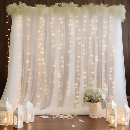 10ft x 8ft White Backdrop Curtain with Lights String for Parties, Sheer Tulle Wedding Photo Backdrops Drapes for Baby Show...