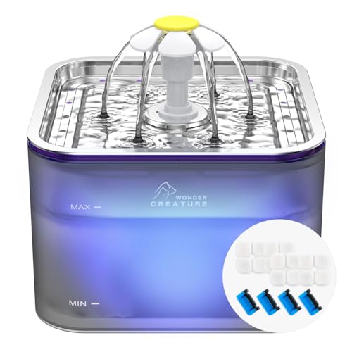 Crystal Cat Water Fountain Stainless Steel with 4 Filters and 4 Sponges, 101oz/3L Pet Fountain with LED Light for Cats and...