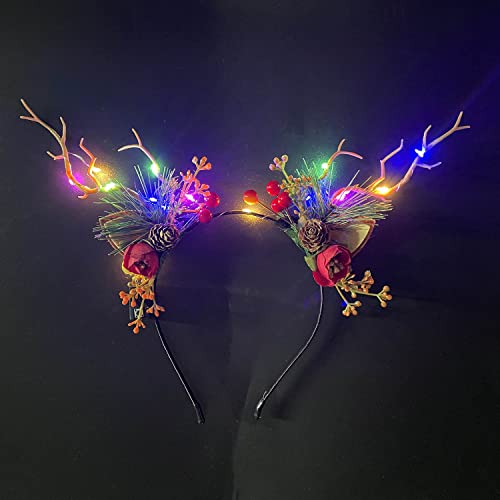 LED Glowing Tiara Reindeer Antlers Hair Accessories Christmas Party Hair Hoop Headwear Hair Accessories for Women (Colorfu...