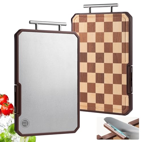 Titanium Cutting Board with Knife Sharpener, Pure Titanium & Acacia Wood Cutting Boards for Kitchen, Double Sided Checkerb...