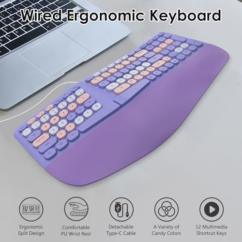 Lomiluskr Wired Ergonomic Keyboard with PU Wrist Rest, Carpal Tunnel Keyboard, Colorful Split Ergo Design, Comfortable Nat...