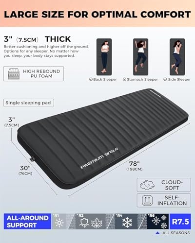 KingCamp PREMIUM SINGLE Self Inflating Sleeping Pad, 7.5 R-Value Air & Foam Camping Mattress, 3" Thick Insulated Sleeping ...