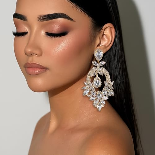 Silver Chandelier Earrings for Women Trendy, Oversized Big Crystal Rhinestone Statement Earrings Dangling Formal Pageant E...