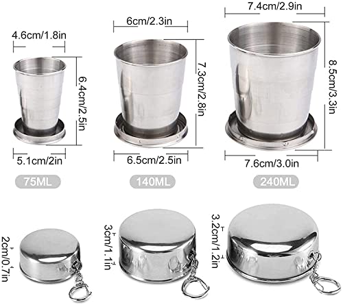 Guyuyii 3 Sizes Stainless Steel Collapsible Cups with Lids & Keychains | Portable Telescopic Drinking Travel Mugs | Foldab...