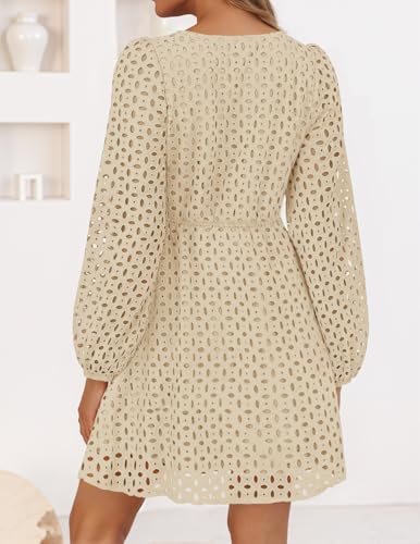 ZESICA Women's Long Sleeve Mini Dress 2026 Fall Crewneck Tie Front Hollow Out Eyelet Babydoll A Line Short Dresses