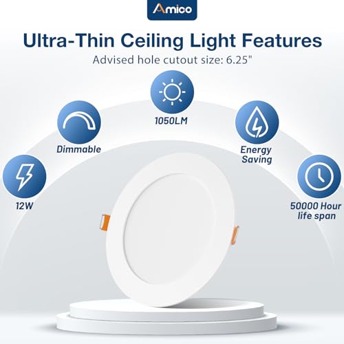 Amico 36 Pack 6 Inch 5CCT Ultra-Thin LED Recessed Ceiling Light with Plastic Junction Box, 2700K/3000K/3500K/4000K/5000K S...