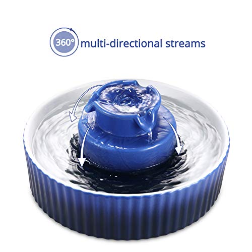 Ceramic Cat Water Fountain, 2.1L/71oz Pet Fountain for Dog and Cat, 3 Carbon Filters and 2 Pumps (Dark Blue)