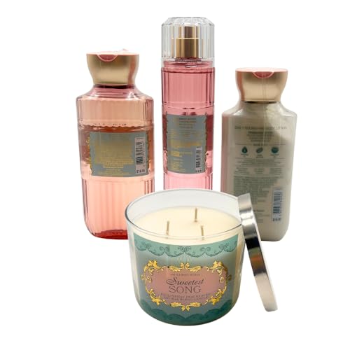Bath & Body Works SWEETEST SONG 4-piece Deluxe Gift Set ? Fine Fragrance Mist, Body Wash, Body Lotion & 3-wick Scented Candle with Pink Tote Bag